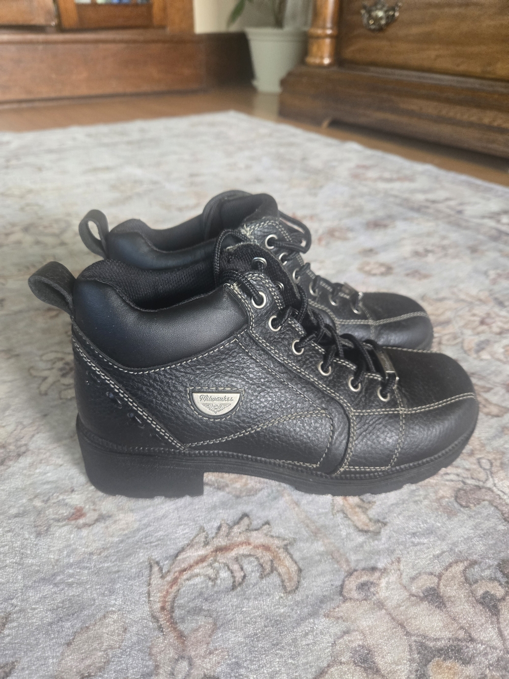 Milwaukee Deceiver Black Leather Lace-Up Ankle Boots, Motorcycle, Harley, Size 1